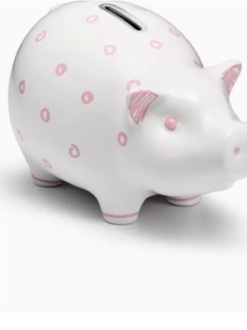 Tiffany and Co White Ceramic Piggy Bank with Pink Polka Dot Accents